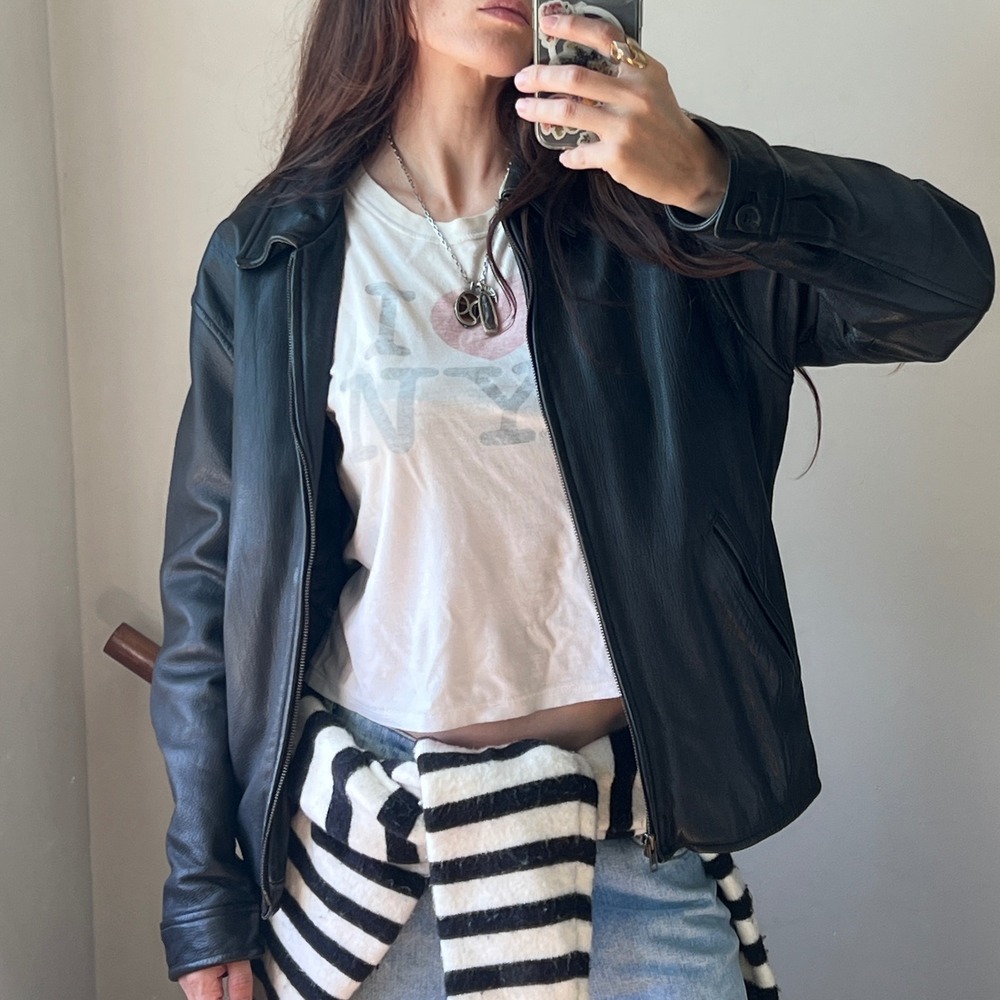 Vintage J.Crew Leather Jacket Large Black Quilted Moto Bomber Coat 90s Oarsman